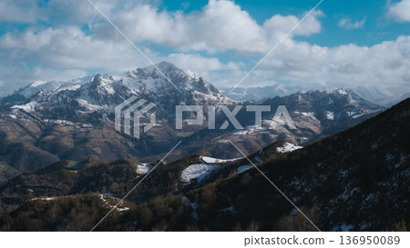 A breathtaking aerial view of the lush green mountains and traditional architecture in San Martin de Rey Aurelio, Asturias, Spain. A breathtaking aerial view of the lush green mountains and traditional architecture in San Martin de Rey Aurelio, Asturias, Spain. 136950089