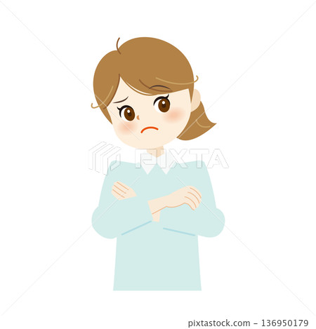 Illustration of a displeased woman with her arms crossed - Dissatisfied, angry, negative 11 136950179