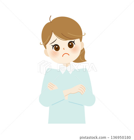 一位雙臂交叉、神情憂慮的女士插圖——困惑、思考、沉思 05 一位雙臂交叉、神情憂慮的女士插圖——困惑、思考、沉思 05 136950180