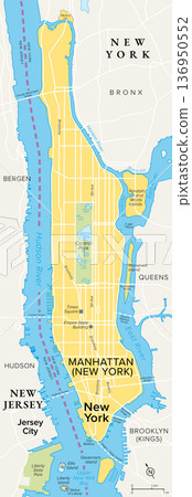 Manhattan, United States, political map. Most densely populated and geographically smallest of five boroughs of New York City, coextensive with New York County, in the U.S. state of New York. Vector Manhattan, United States, political map. Most densely populated and geographically smallest of five boroughs of New York City, coextensive with New York County, in the U.S. state of New York. Vector 136950552