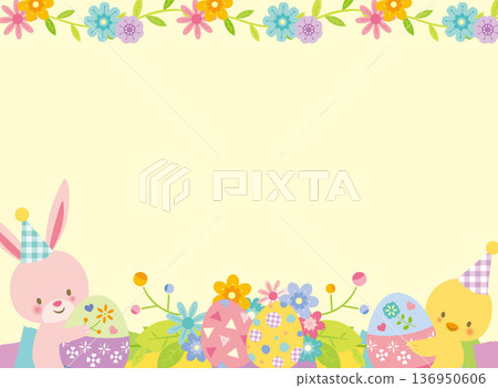 Cute frame of Easter eggs and rabbits Cute frame of Easter eggs and rabbits 136950606