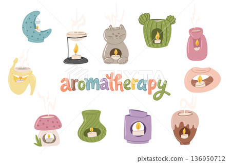Aromatherapy oil lamps collection in colorful spa wellness style Aromatherapy oil lamps collection in colorful spa wellness style 136950712