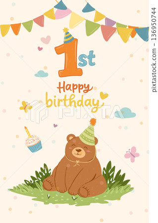 First birthday greeting card with teddy bear and pastel party decorations First birthday greeting card with teddy bear and pastel party decorations 136950744