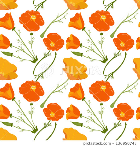 Golden poppy seamless floral pattern inspired by California wildflowers 136950745