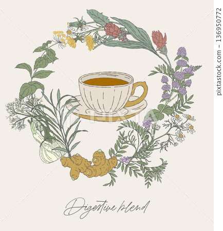 Digestive Herbal Blend Wreath with Tea Cup Digestive Herbal Blend Wreath with Tea Cup 136950772