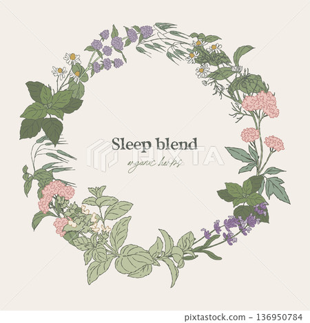 Hand drawn circular wreath, sleep tea herbs 136950784