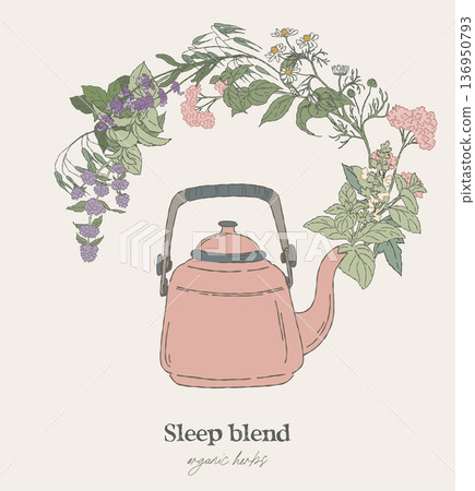 Hand drawn circular wreath, sleep tea herbs 136950793