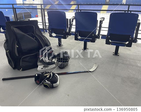 hockey guard and skates in ice stadium hockey guard and skates in ice stadium 136950805