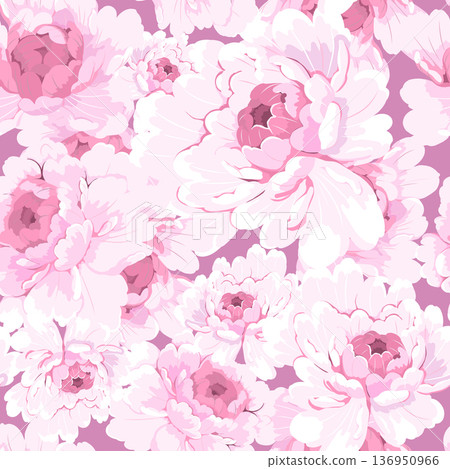 A graceful pattern of large, lush pink peony flowers set against a soft blue background, creating a romantic A graceful pattern of large, lush pink peony flowers set against a soft blue background, creating a romantic 136950966