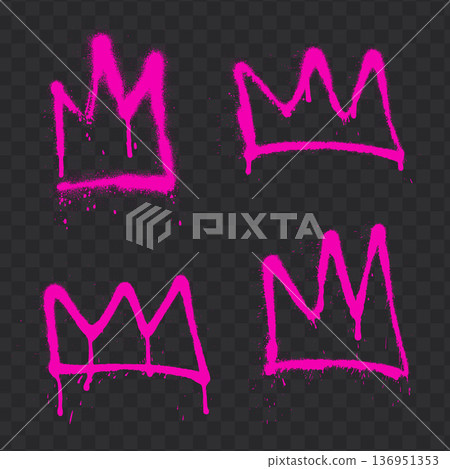 Pink graffiti crown symbols sprayed on dark textured street backdrop. Pink graffiti crown symbols sprayed on dark textured street backdrop. 136951353