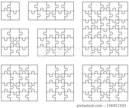 Illustration of eight white puzzles, separate pieces Illustration of eight white puzzles, separate pieces 136951503