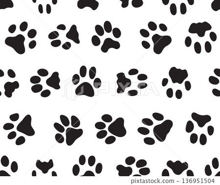 Black silhouettes of prints of dog paws, Seamless pattern Black silhouettes of prints of dog paws, Seamless pattern 136951504