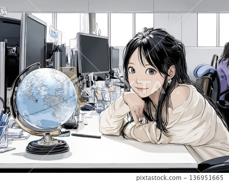 A young businesswoman gazing at a globe in the office. Image of a globally-minded career woman (animation/AI student) 136951665