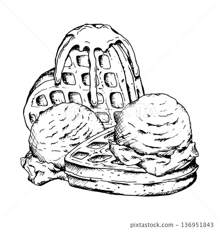 Black and white line art illustration of waffles topped with ice cream and syrup. Hand drawn dessert composition in ink style for cafe menu design, confectionery branding and packaging prints. 136951843