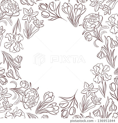 Floral border with line art style spring flower. Elegant botanical background for greeting card, invitations, posters and stationery design. Floral border with line art style spring flower. Elegant botanical background for greeting card, invitations, posters and stationery design. 136951844