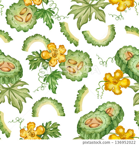 A seamless pattern with watercolor images of bitter gourd and Indian cucumber. All objects are hand-painted in watercolor. Momordica illustration for a healthy eating and detoxification concept. 136952022