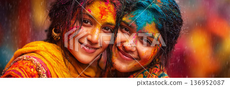 People celebrate Holi together, throwing colors and sharing laughter in an outdoor location. The scene captures moments of joy and community during this vibrant festival. 136952087