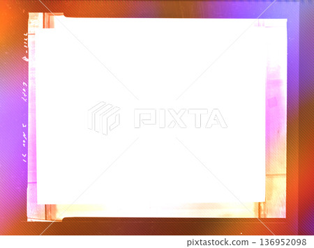 Retro 1970s film slide frame mockup with a white blank center for copy space. Vibrant neon purple and orange light leak overlay with authentic stamp.  136952098