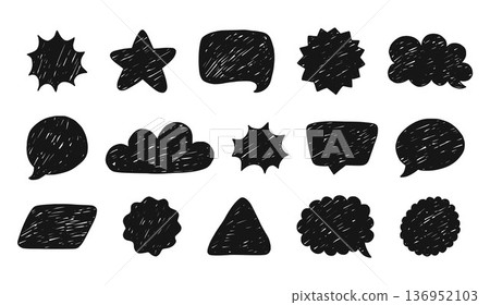 Black and white speech bubbles and shapes hand drawn with marker or felt tip pen. Communication frames and borders with scratched grunge texture. Vector elements for text, stickers, and backgrounds Black and white speech bubbles and shapes hand drawn with marker or felt tip pen. Communication frames and borders with scratched grunge texture. Vector elements for text, stickers, and backgrounds 136952103