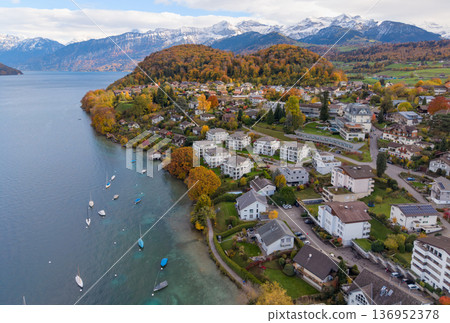 秋季的施皮茨鎮和圖恩湖鳥瞰圖。施皮茨，伯爾尼州，瑞士 136952378