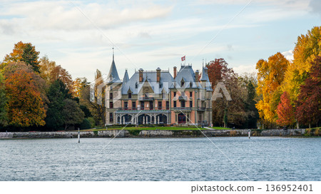 Historical architecture of Schadow Castle in autumn park on Lake Thun, Thun, canton of Bern, Switzerland 136952401