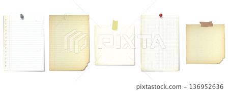 Various old blank papers with stains effect stick by pins, paper clip or adhesive tape isolated Various old blank papers with stains effect stick by pins, paper clip or adhesive tape isolated 136952636