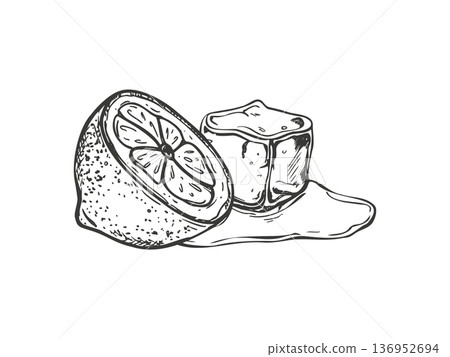 Halved Citrus and ice cube melt in water puddle vector illustration painted by black inks. Monochrome lemon or lime fruit with crystal freezer brick graphic sketch. For summer drink, cold beverage Halved Citrus and ice cube melt in water puddle vector illustration painted by black inks. Monochrome lemon or lime fruit with crystal freezer brick graphic sketch. For summer drink, cold beverage 136952694