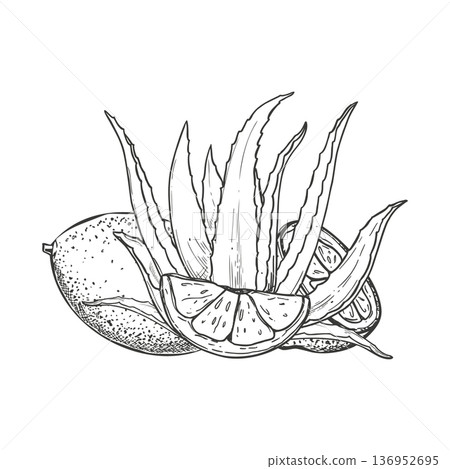 Aloe plant, lemon fruit monochrome black and white vector illustration. Healthy juicy aloe vera leaves and citrus fruit ingredients for natural cosmetics packaging, herbal medicine, drink decor 136952695
