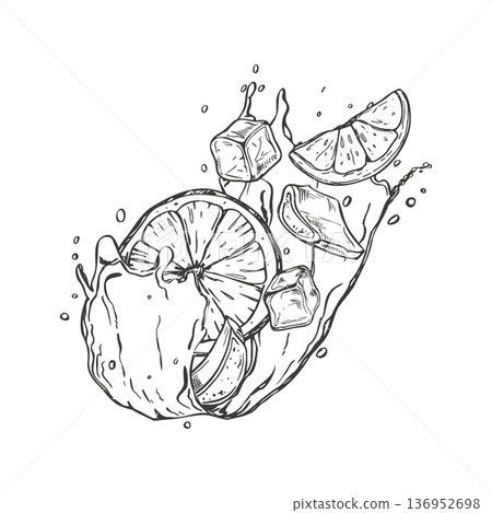Lemon slices, cut aloe leaves and ice cubes on water splash vector illustration in black ink etching style. Hand drawn cold citrus fruit, succulent piece flying in juice splatter waves, drops sketch 136952698