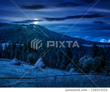 rural landscape with field on hill at night. alpine scenery with traditional haystack in full moon light. mountainous countryside hayfield during summer. backdrop for fiction art or mystery concept 136953058