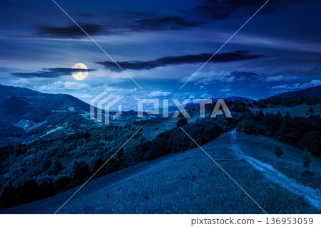 mountain landscape in summertime at night. moon over hiking trail through meadow on rolling hills. forested countryside scenery with distant ridge. mysterious weather with fluffy clouds on the sky mountain landscape in summertime at night. moon over hiking trail through meadow on rolling hills. forested countryside scenery with distant ridge. mysterious weather with fluffy clouds on the sky 136953059