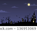萬聖節夜景背景插圖，古老的城堡和南瓜墓地，滿月夜空和留白區域，向量素材 136953069