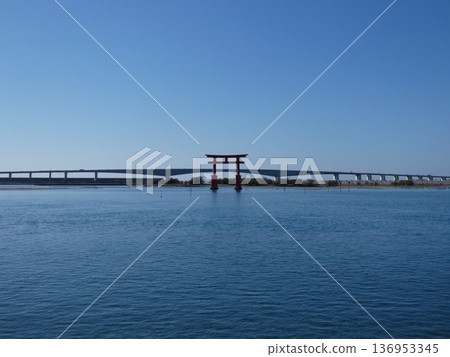 Lake Hamana's Hamana Bridge and the red torii gate of Benten Island 136953345