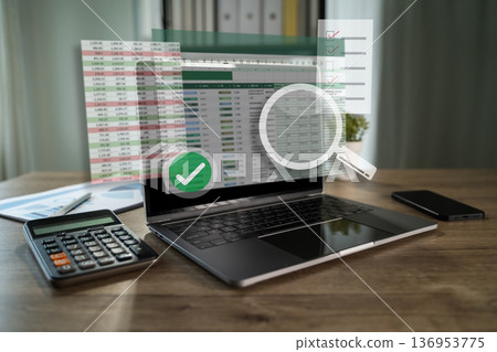 Compliance audit report and financial approval verification concept with checklist and search spreadsheet data, accountant analyzes records on a laptop control and accuracy. 136953775