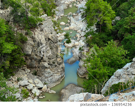 Mountain River Flowing Through Rocky Canyon with Lush Green Forest 136954236
