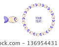 Fish icon, chain ornament frame, circle shape border, hand drawn ink blob brush line stroke, sketch doodle groovy style design, elegant blue colour decorative isolated graphic element. 136954431