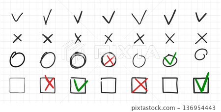 Check marks hand drawn doodle vector set. Check marks hand drawn doodle vector set. 136954443