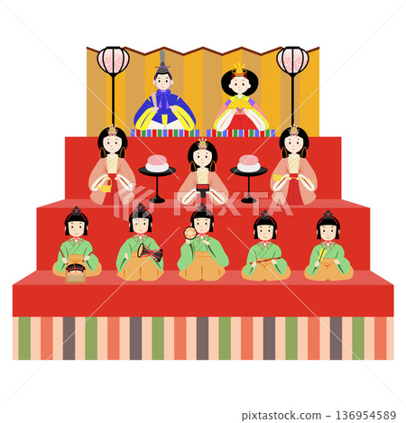 向量插圖，描繪了女兒節期間舞台上三層人偶展示架，包括天皇和皇后人偶、三位宮廷女官以及五位樂師。 136954589