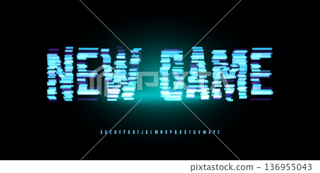 Digital Glitch Font Logo Alphabet Button, Turquoise Neon Glowing Light Future Noise Effect Letter Signs Set, Computer Game Typographic Design, Interface Headline Title, New Game Text. Vector Typeset 136955043