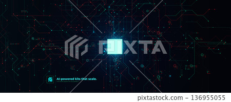 AI Chipset Artificial Intelligence Logo Background. Glow CPU Microchip Dark Tech Futuristic Circuit Pattern BG Design. Chip Board Backdrop Digital Cloud Future Data Technology. Vector illustration 136955055