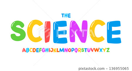 Kid Science educational font, STEM colorful alphabet for scientific headline, funny scientific game and lessons book typographic design. Modern vector typeset 136955065