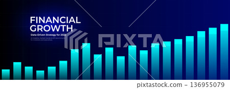 Financial analytics business growth chart digital background, blue rising bars, increase arrow and candlesticks concept for fintech, market trends, predictive investment insights. Vector illustration. Financial analytics business growth chart digital background, blue rising bars, increase arrow and candlesticks concept for fintech, market trends, predictive investment insights. Vector illustration. 136955079