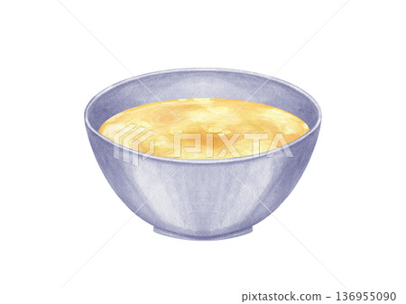 Aromatic soup in ceramic bowl watercolor illustration on isolated background. Golden creamy vegetable or meat broth. Homemade bouillon in plate, healthy food for menu design, blog, cookbook. 136955090