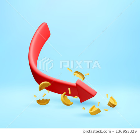 3d Red arrow downward with gold coin pieces 3d Red arrow downward with gold coin pieces 136955329