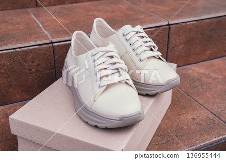 Minimalist eco-friendly white sneakers placed on recycled cardboard box, clean design for sustainable fashion concepts. New unbranded beige sneakers footwear mockups and modern product displays. For Minimalist eco-friendly white sneakers placed on recycled cardboard box, clean design for sustainable fashion concepts. New unbranded beige sneakers footwear mockups and modern product displays. For 136955444