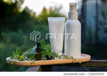 Natural repellent spray and cream mock up with essential oil mint disease prevention. Protection against mosquito bite during summertime. Safety Anti Mosquito skin treatment Natural repellent spray and cream mock up with essential oil mint disease prevention. Protection against mosquito bite during summertime. Safety Anti Mosquito skin treatment 136955454