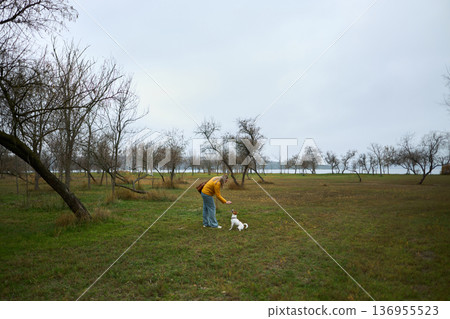 Woman playing with dog in autumn field 136955523