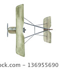 Watercolor hand-painted vintage biplane illustration in botanical style, isolated on white. Retro aircraft with propeller and wings in soft green tones. Perfect for nursery art, posters, prints, decor 136955690
