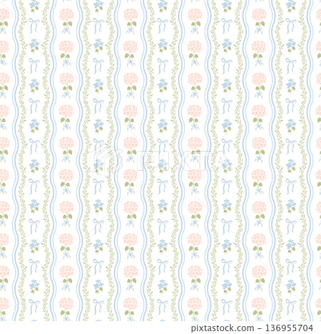 Floral striped coquette seamless pattern with hydrangea flowers, ribbons, wavy stripes. Vector grandmillennial wallpaper 136955704