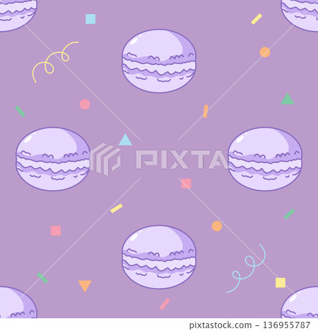 Purple Macaron Seamless Pattern with Cute Geometric Elements on Lavender Background 136955787
